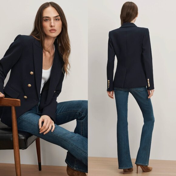 Veronica Beard Miller Dickey Jacket Navy Gold Buttons Hoodie Dickey White Size 8 - Picture 10 of 11